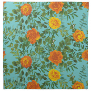 Orange & Teal Aqua Peony & Rose Floral Wedding Cloth Napkin