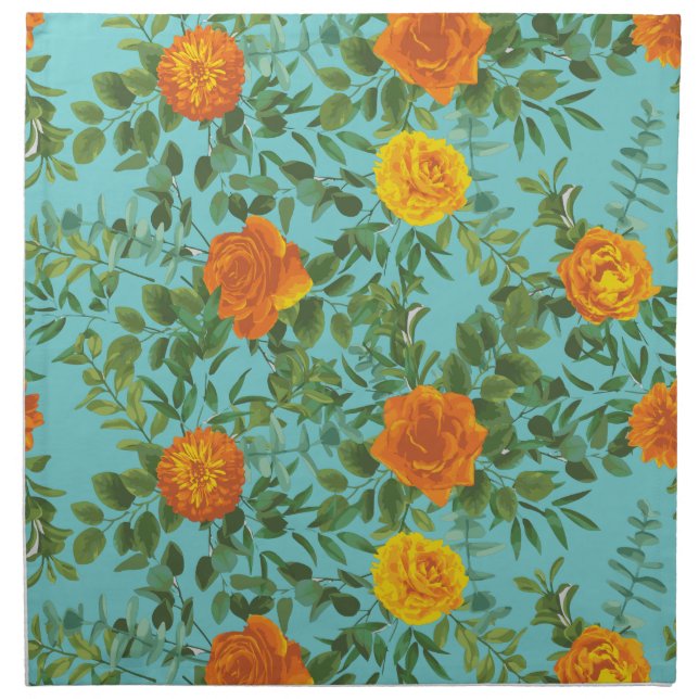 Orange & Teal Aqua Peony & Rose Floral Wedding Cloth Napkin (Front)