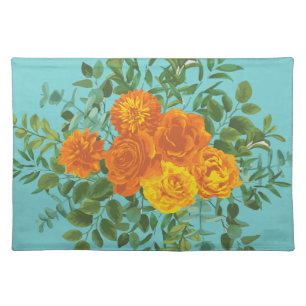 Orange & Teal Aqua Peony & Rose Floral Wedding Cloth Placemat