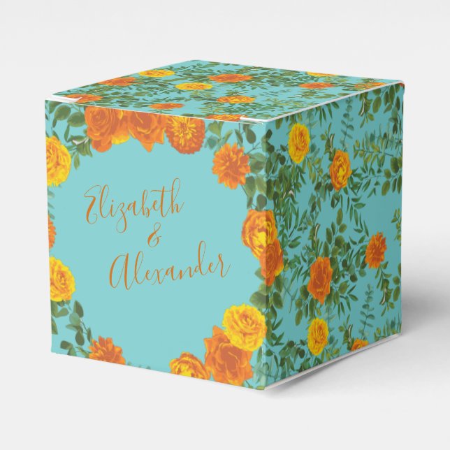 Orange Teal Aqua Peony & Rose Floral Wedding Favor Boxes (Front Side)