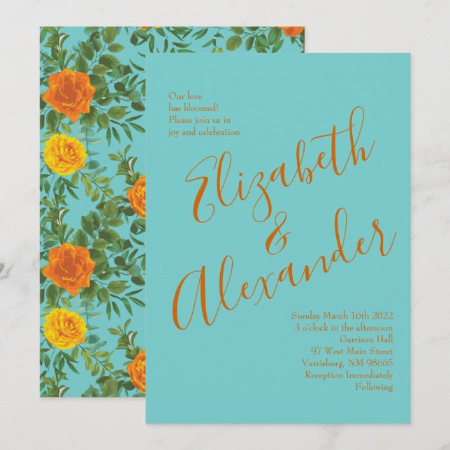 Orange & Teal Aqua Peony & Rose Floral Wedding Invitation (Front/Back)