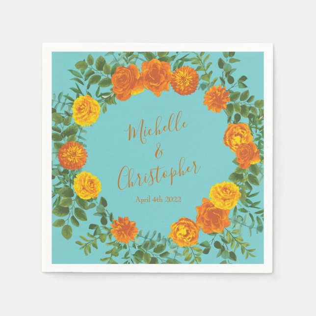 Orange Teal Aqua Peony & Rose Floral Wedding Napkins (Front)