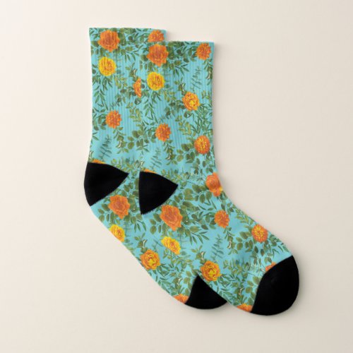 Orange  Teal Aqua Peony  Rose Floral Wedding Socks