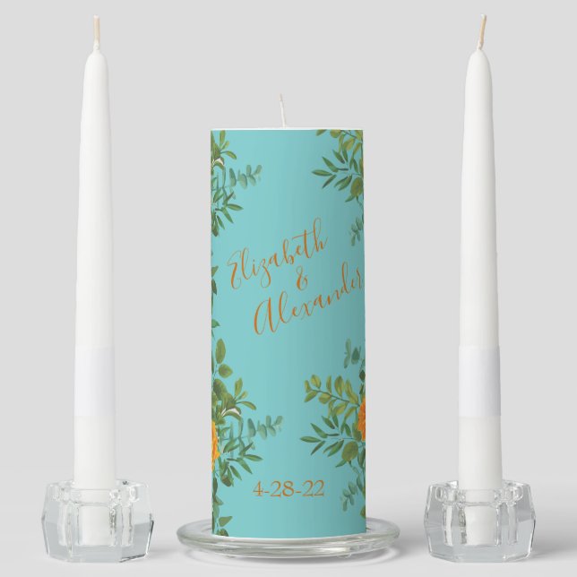 Orange & Teal Aqua Peony & Rose Floral Wedding Unity Candle Set (Front)