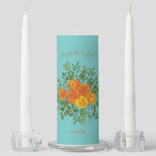 Orange & Teal Aqua Peony & Rose Floral Wedding Unity Candle Set