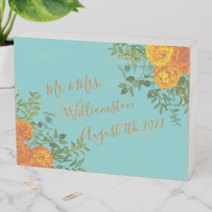 Orange & Teal Aqua Peony & Rose Floral Wedding Wooden Box Sign