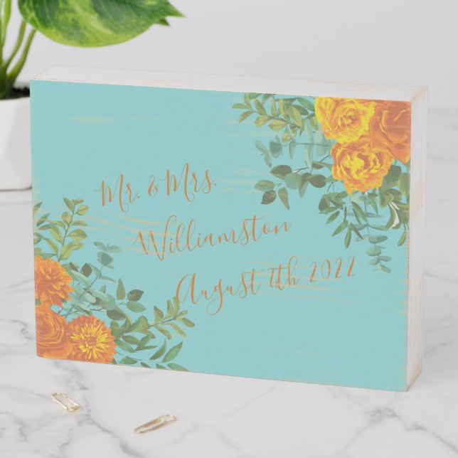 Orange & Teal Aqua Peony & Rose Floral Wedding Wooden Box Sign (In Situ Horizontal)