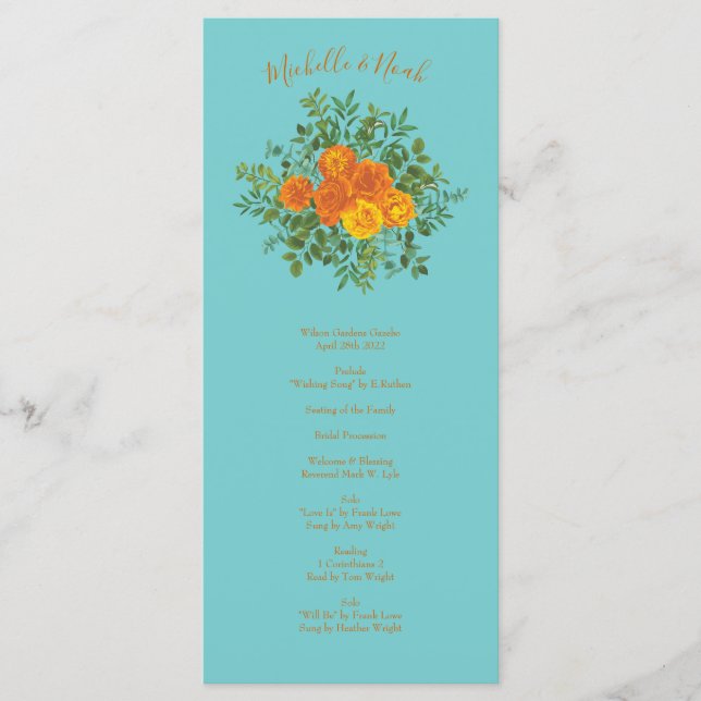 Orange Teal Aqua Peony Rose Wedding Programs (Front)