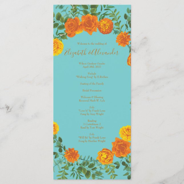 Orange Teal Aqua Peony Rose Wedding Programs (Front)