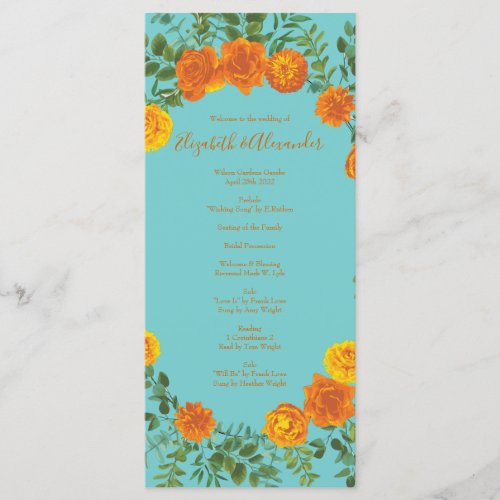 Orange Teal Aqua Peony Rose Wedding Programs