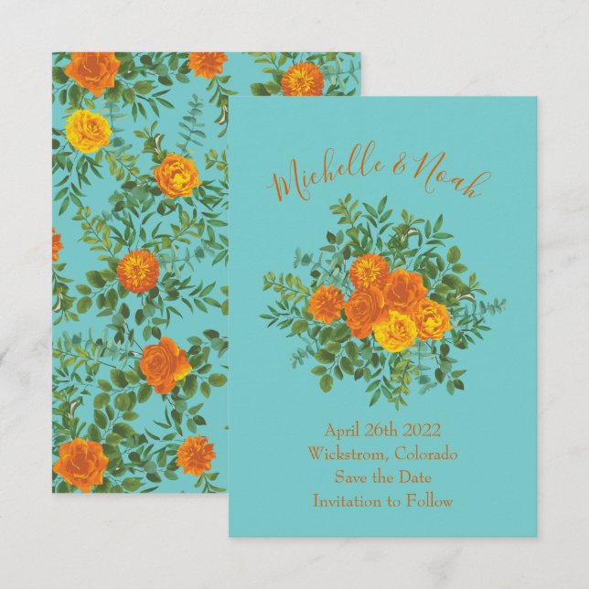 Orange & Teal Aqua Peony Rose Wedding Save Date Invitation (Front/Back)