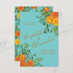 Orange Teal Aqua Peony Rose Wedding Save Date Invitation