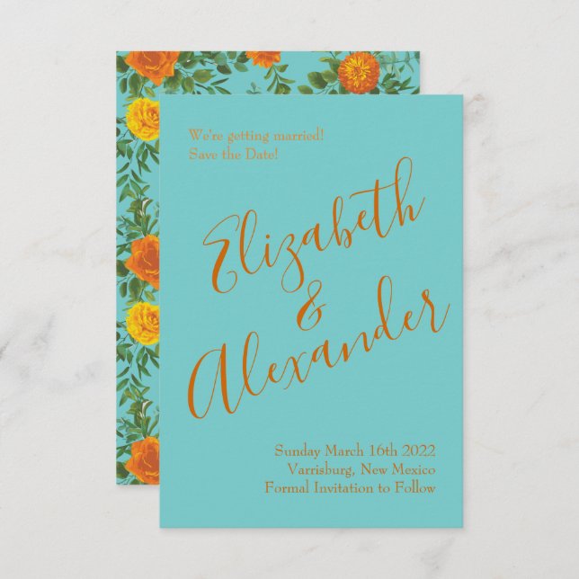 Orange & Teal Aqua Peony Rose Wedding Save Date Invitation (Front/Back)
