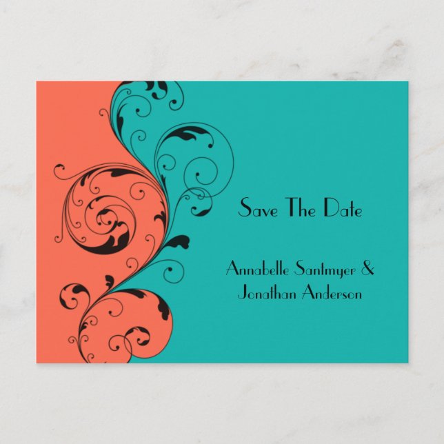 Orange Teal Black Swirls Save The Date Announcement Postcard (Front)