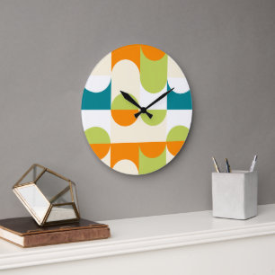 Orange Teal Blue Lime Green Retro Art Pattern Large Clock