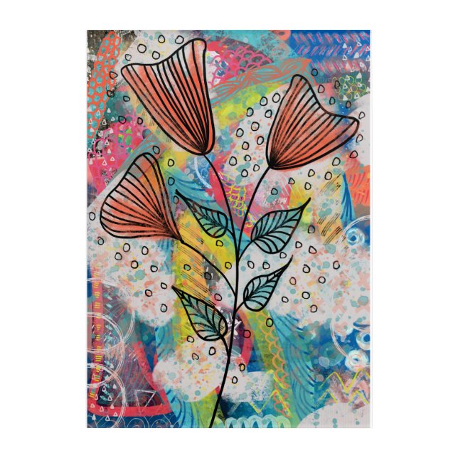 Orange Teal Blue Mixed Media Floral Abstract Art (Front)