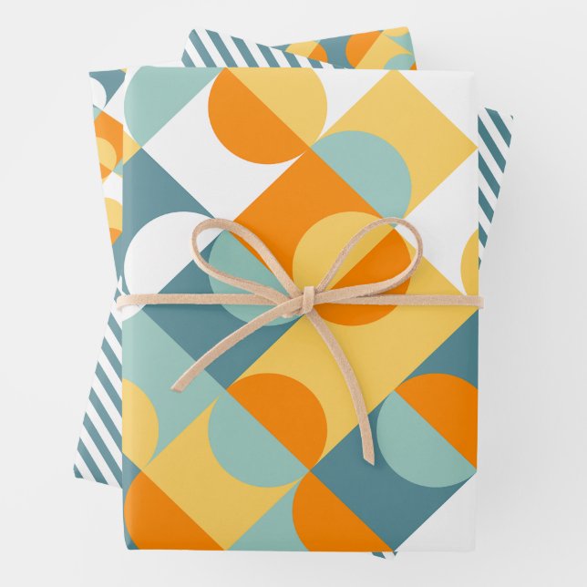 Orange Teal Blue Retro Art Pattern Gift Wrapping Paper Sheets (In situ)