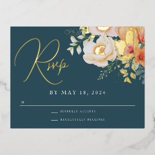 Orange Teal Blue Spring Peach Floral Wedding RSVP Foil Holiday Postcard