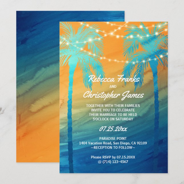 Orange Teal Blue Tropical Wedding Invitations (Front/Back)