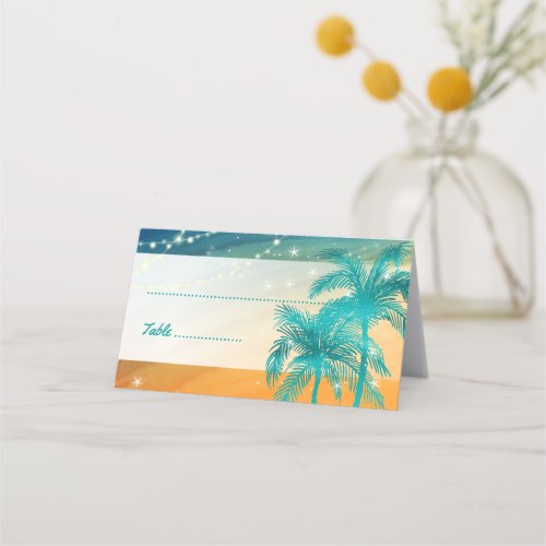 Orange Teal Blue Wedding Palm Tree Place Cards