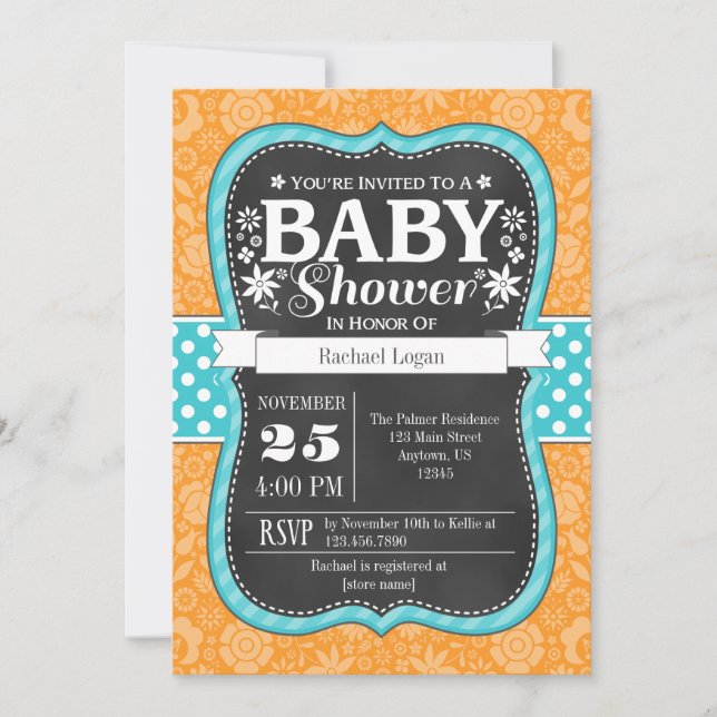Orange Teal Chalkboard Floral Baby Shower Invite (Front)