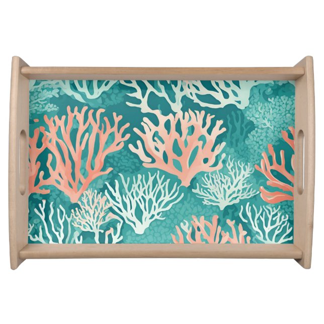 Orange Teal Coral Reef Beachy Nautical  Serving Tray (Front)