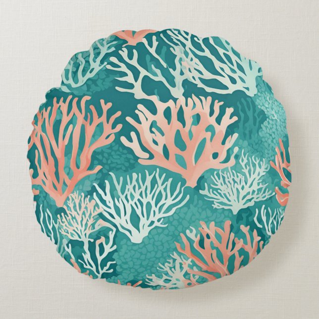 Orange Teal Coral Reef Sealife Beachy Ocean  Round Pillow (Front)
