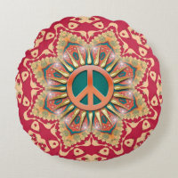 Orange Teal Energy Peace Mandala Round Cushion
