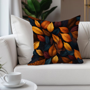 Orange Teal Fall Autumn Leaves Throw Pillow