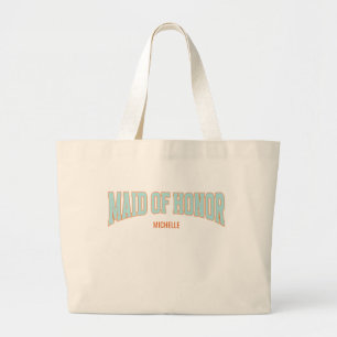 Orange + Teal Faux Glitter Varsity MAID OF HONOR  Large Tote Bag