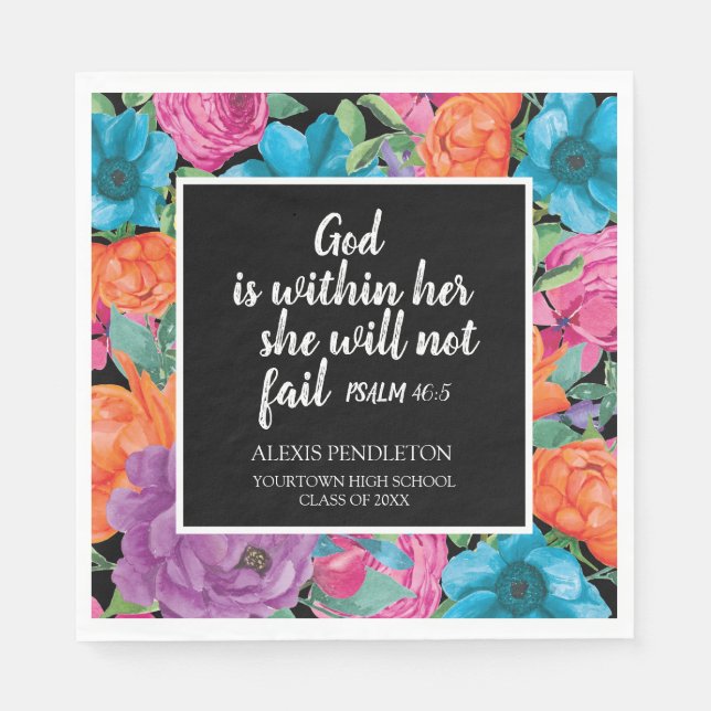 Orange Teal Floral Christian Graduation Class of Napkins (Front)