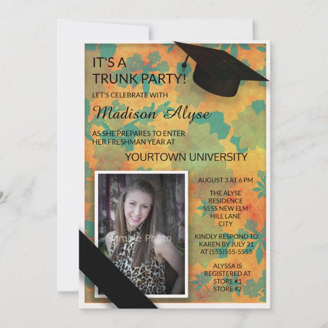 Orange Teal Floral College Trunk Party Photo Invitation (Front)