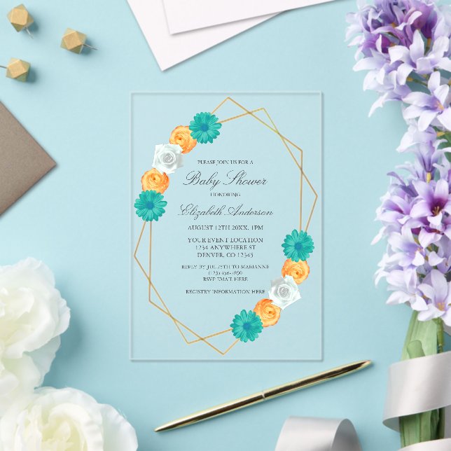 Orange Teal Floral Geometric Baby Shower Acrylic Invitations (Insitu (Wedding))