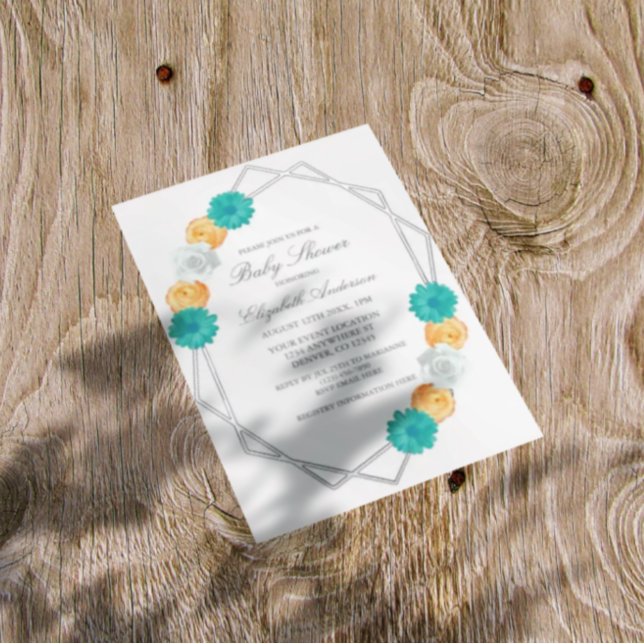 Orange Teal Floral Geometric Baby Shower Foil Invitation (Creator Uploaded)