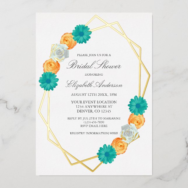 Orange Teal Floral Geometric Bridal Shower Foil Invitation (Front)