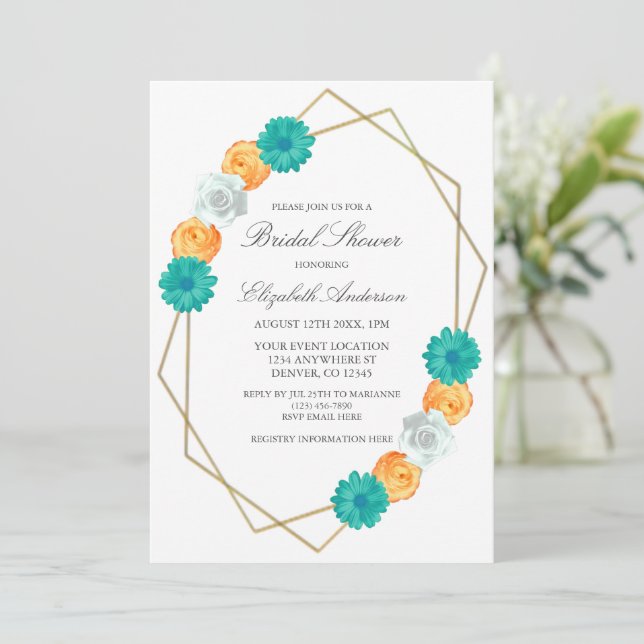 Orange Teal Floral Geometric Bridal Shower Invitation (Standing Front)