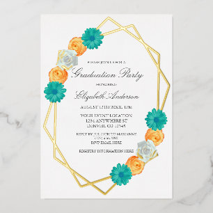 Orange Teal Floral Geometric Graduation Foil Invitation