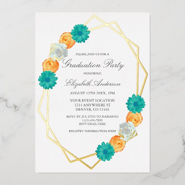 Orange Teal Floral Geometric Graduation Foil Invitation (Front)
