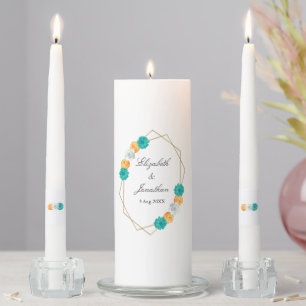 Orange Teal Floral Geometric Unity Candle Set