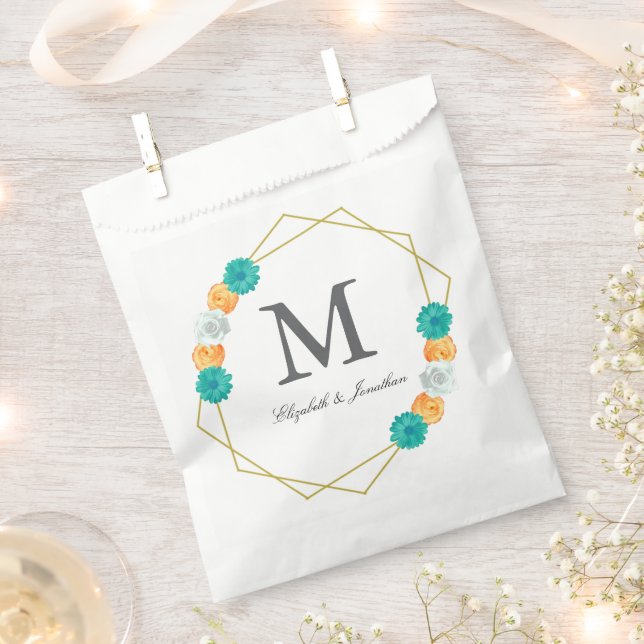 Orange Teal Floral Geometric Wedding Favor Bag (Clipped)