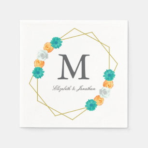 Orange Teal Floral Geometric Wedding Napkins