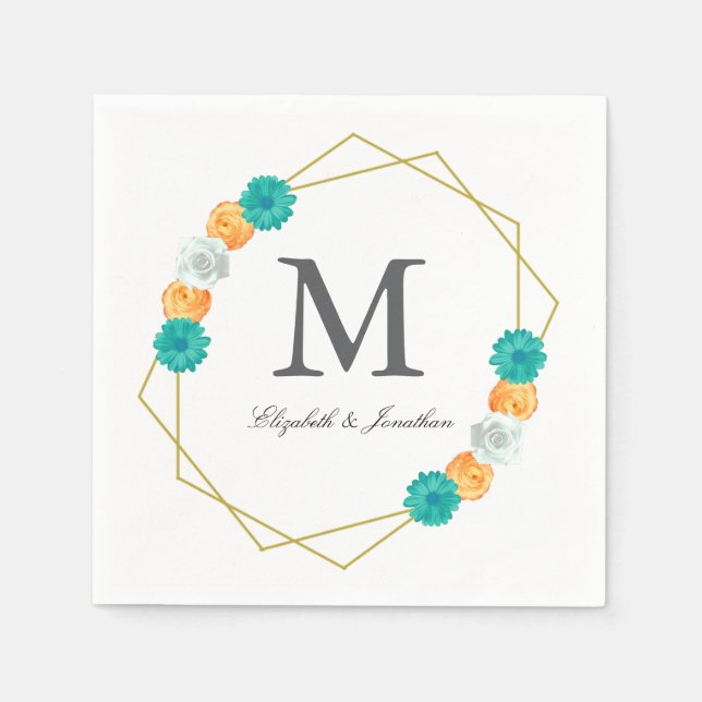Orange Teal Floral Geometric Wedding Napkins (Front)