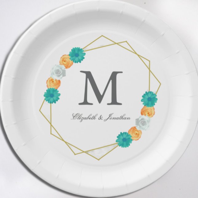 Orange Teal Floral Geometric Wedding Paper Plates (Creator Uploaded)