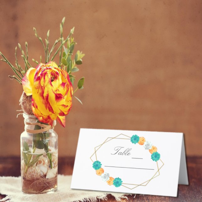 Orange Teal Floral Geometric Wedding Place Card (Creator Uploaded)
