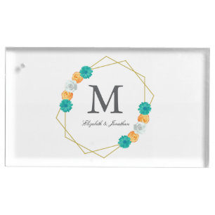 Orange Teal Floral Geometric Wedding Place Card Holder