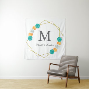 Orange Teal Floral Geometric Wedding Tapestry