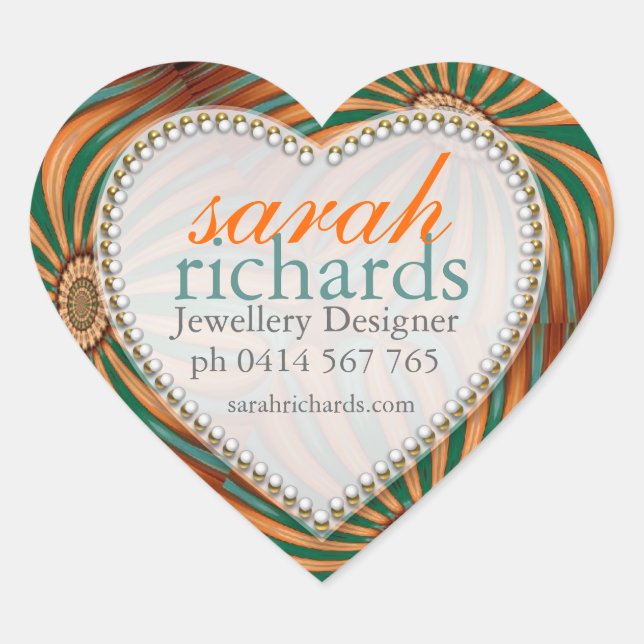 Orange Teal Floral Swirl CustomName Heart Stickers (Front)