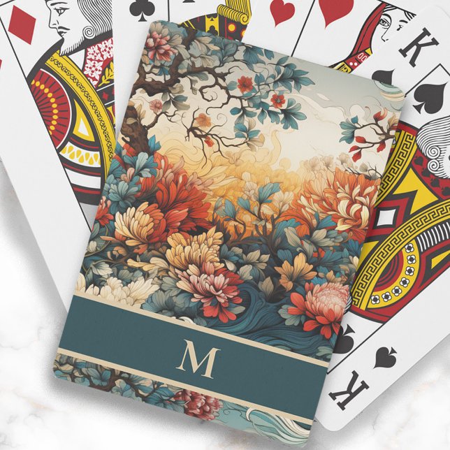 Orange Teal Flowers Leaves Monogram Initial Poker Cards (Elegant orange and teal flowers and leaves monogram playing cards)