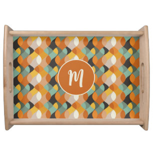 Orange Teal Gold Retro Ovals Pattern Monogram  Serving Tray
