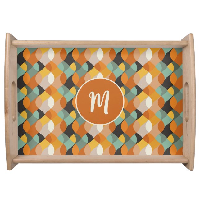 Orange Teal Gold Retro Ovals Pattern Monogram  Serving Tray (Front)